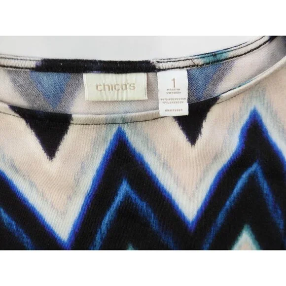 Chicos Blue Black Chevron Zig Zag Stretch Knit Top Size 1 Med Boat Neck - Picture 3 of 11